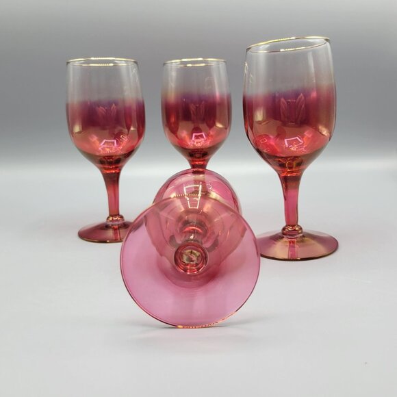 Vintage Set Of 4 MCM Cranberry Ombre Wine Glasses With Gold Rim Accent #2 - Picture 7 of 12